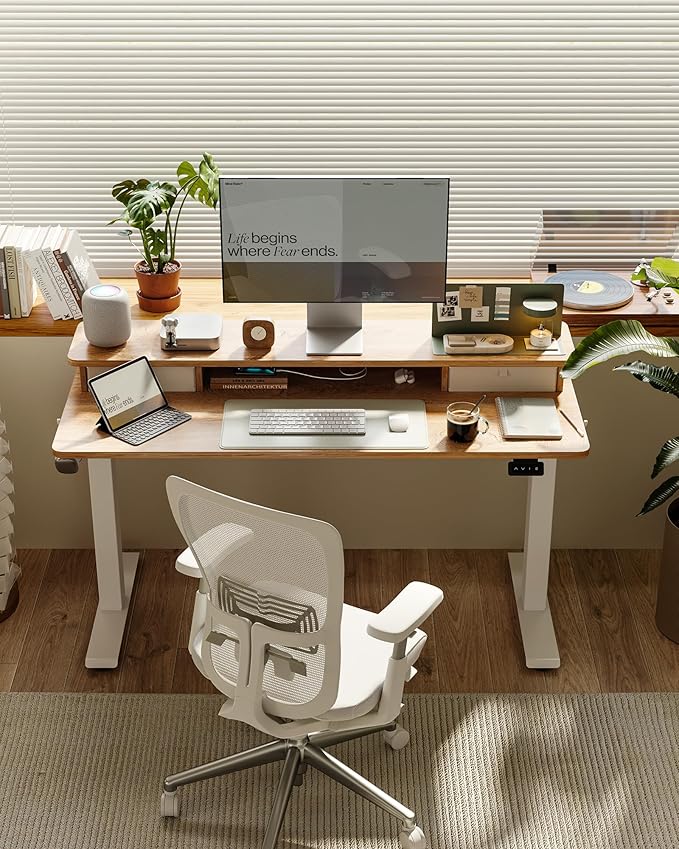 FEZIBO 55 x 24 Inch Height Adjustable Electric Standing Desk with Double Drawer, Stand up Home Office Computer Desk with 4 Height-Adjustable Feets & 2 Hooks, Maple