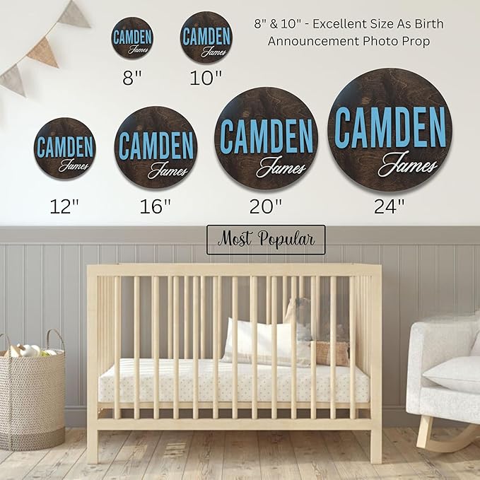 Custom Round Nusery Name Sign, Personalized 3D Baby Name Announcement Sign, Personalized Wooden Wall Plaque, 3D Wall Art for Children & Kids Rooms, Family Name Signs, 30 Colors (Design 6)