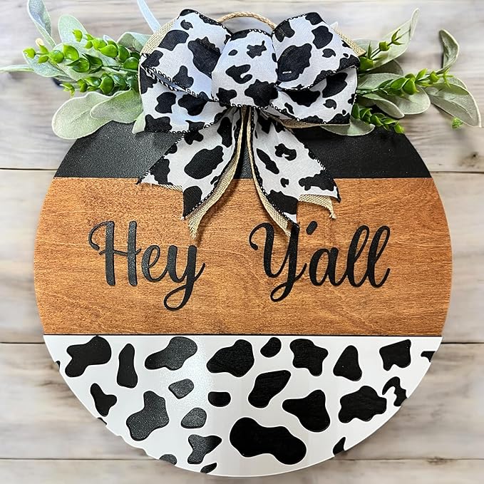 Wood front door sign Wood sign Home decor Welcome sign Sign for front door House warming gift Wedding gift (Hey Yall Cow-DS082(A10) S003, 15" Width)