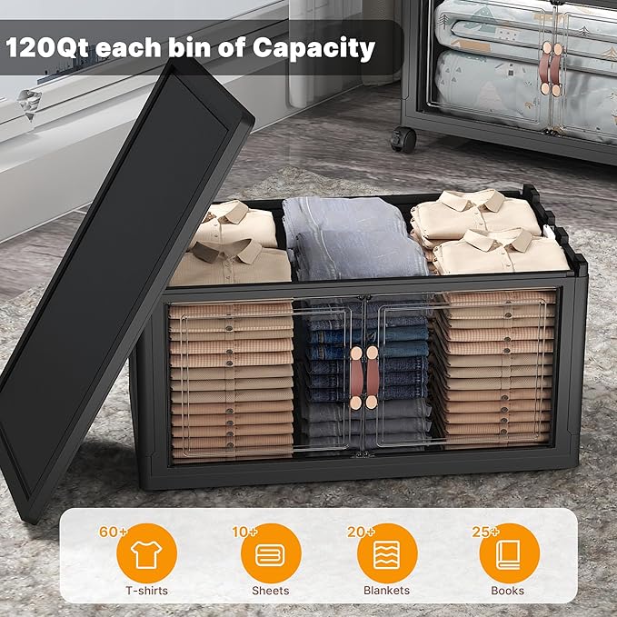 UAMFURI Extra Large Stackable Storage Bins with Lids & Wheels & Door, 448QT-112QT/28GAL*4Pack Foldable Collapsible Closet Organizers, Plastic containers drawers for bedroom Dorm