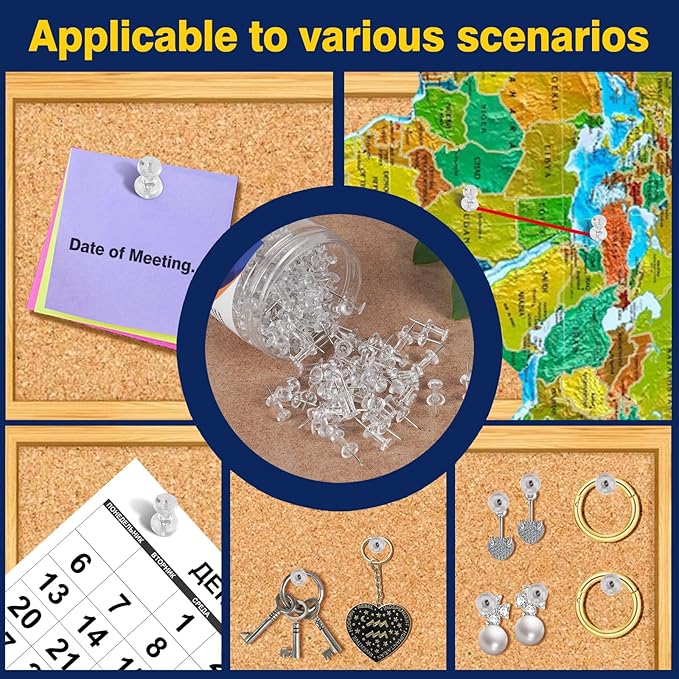 DANRONG 1600 PCS Clear Push Pins, Standard Thumb Tacks for Bulletin Board, Steel Point and Clear Plastic Head, Pin Tacks for Wall Cork Board Maps Photos Calendar Hangings, Office School Supplies