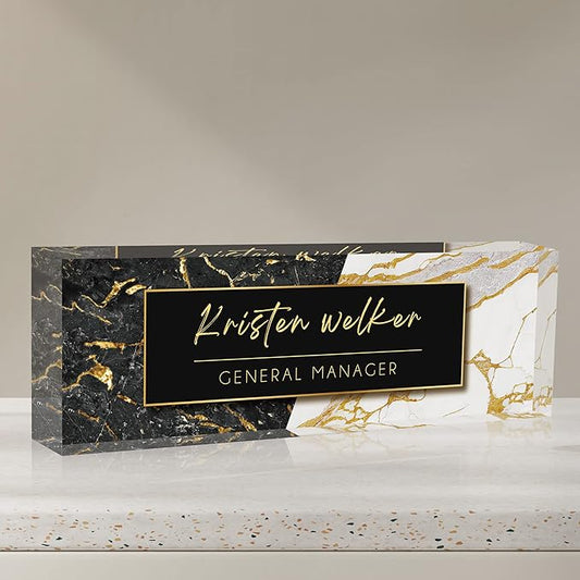 Desk Name Plate Personalized, Custom Name Plates for Desks, Office Desk Decor, Marble Design Clear Acrylic Glass Block, Personalized Office Gifts for Women Men Boss Teachers Coworker Appreciation Gift