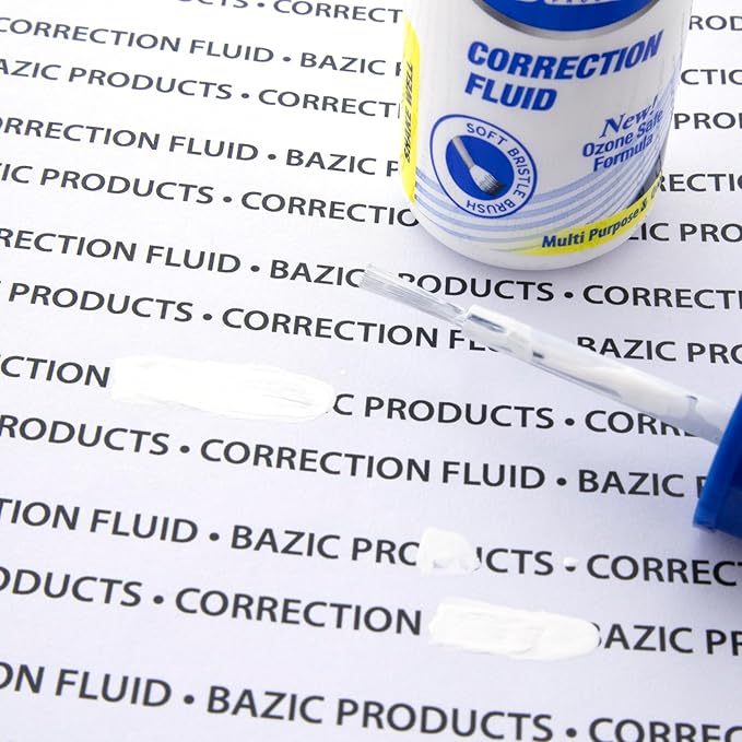 BAZIC Products Correction Fluid (0.7 oz / 20 ml), Soft Bristle Brush Applicator, Instant Corrections Pen White Out Wipe Out Liquid (2/Pack), 1-Pack