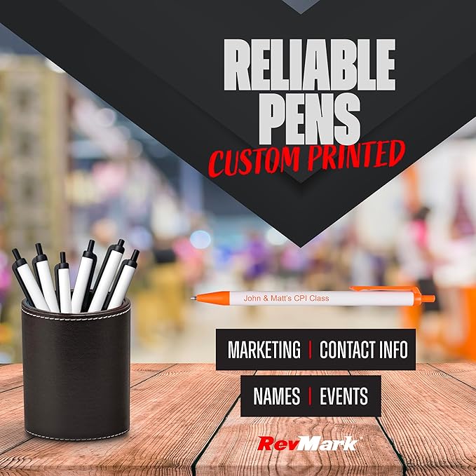 RevMark Personalized Ballpoint Pen, Custom Printed Name, Business or Event Information, Timeless Advertising, USA Made Pens, Promotional Marketing, Smooth Black Ink, Bulk Pack (Orange,500 Ct)