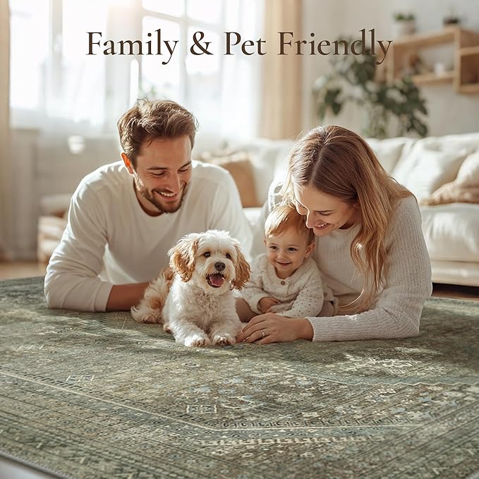 GENIMO 8x10 Area Rugs for Living Room, Machine Washable Non Slip Rugs, Low Pile Lightweight Vintage Print Rug for Bedroom, Dining Room, Home Office, Sage/Blue
