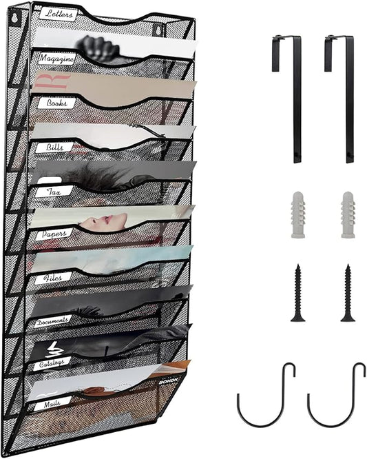 BOHDK Wall File Organizer, 10 Tire Hanging File Folder Mail Organizer, Vertical Mesh Metal Door/Wall Mount Hanging File Holder, Paper Document Magazine Rack with Hooks for Home Office Black