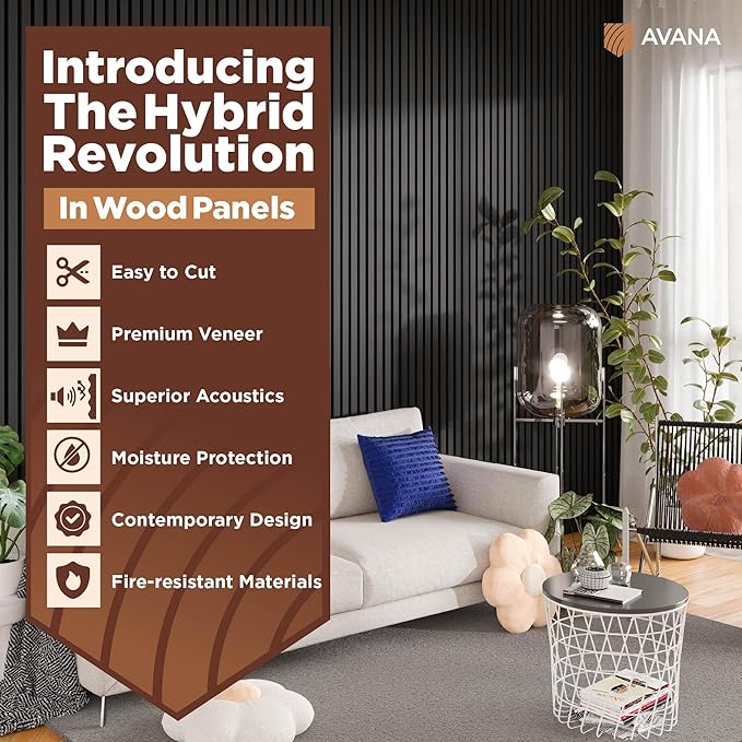 Avana Acoustic Wood Wall Panels – 94.4 x 12.6 Inch Black Oak Acoustic Panels 4 PCs – Wall Panels For Interior Wall Decor For Homes, Offices, Studios – Pleasing Decorative Wood Panels For Wall