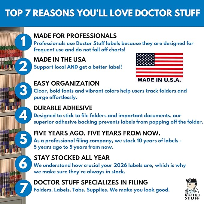2026 Year Stickers, Doctor Stuff 2026 Chart Stickers, Orange/Black Color Coded, Arden Style, USA Made Year Labels for End Tab File Folders, 500/Roll, 1 Roll, 3/4" x 1-1/2"