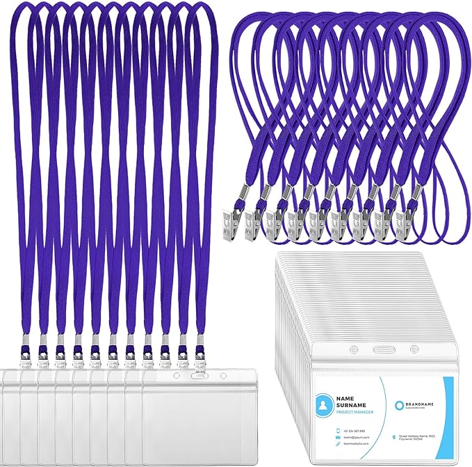 Marspark 100 Sets Clear Name Tags with Lanyard, Lanyards for ID Badges Reusable Strap with ID Holder Plastic Name Badges for Adults Business School Church Conference (Dark Purple)