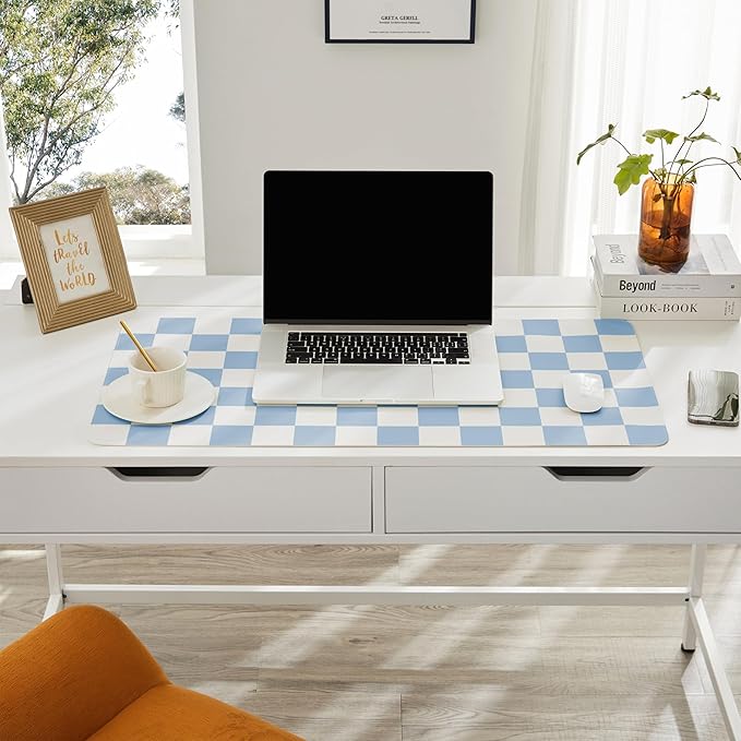 Ohocut Checkered Desk Mat, 31.5" x 15.7" Large Cute Sky Blue Aesthetic Retro Accessories, PU Leather Computer Laptop Desk Mat Mouse Keyboard Pad, Desk Writing Makeup Mat for Vanity/Work/Home Decor