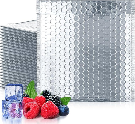 Amiff Silver Thermal Bubble Mailer, 6 x 6 Inches. 100 Pack Metallic Bubble Mailers. Self-Seal Insulated Mailers for Cold Shipping. Padded Envelopes Waterproof. Thermal Bag for Food, Cosmetics