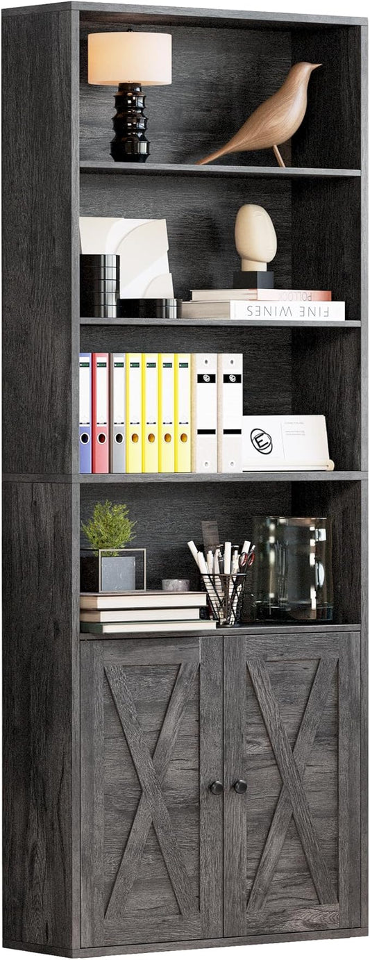 IRONCK Industrial Bookshelves and Bookcases with Doors Floor Standing 6 Shelf Display Storage Shelves 70 in Tall Bookcase for Home Office, Living Room