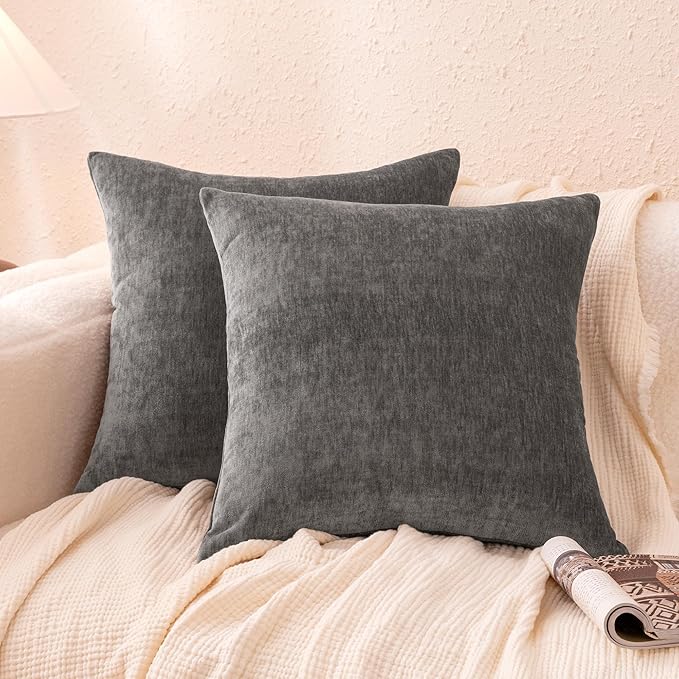 Amazon Basics Chenille Throw Pillow Covers, Home Decor Cushion Cover for Bedroom Living Room Couch Bed, 18" W × 18" L, Dark Gray