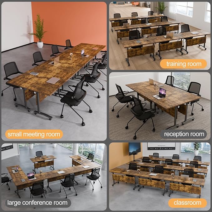 Folding Conference Table 4ft 5ft, Foldable Office Meeting Desk for 6 People, Multiple Sizes Colors Mobile Conference Room Table for Training Room School Business Furniture (2, Brown, 63in)