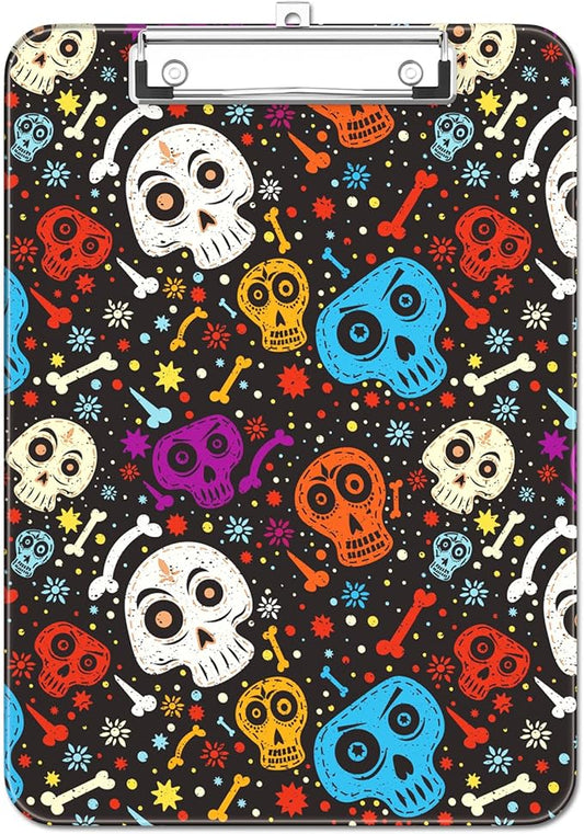 Luminzo Plastic Cute Clipboard Low-Profile Metal Clip, A4 Letter Size 9 x 12.5 in, 8.5 x 11 Paper Clip Board for Teachers, Nurses, Classroom,Cute Skulls