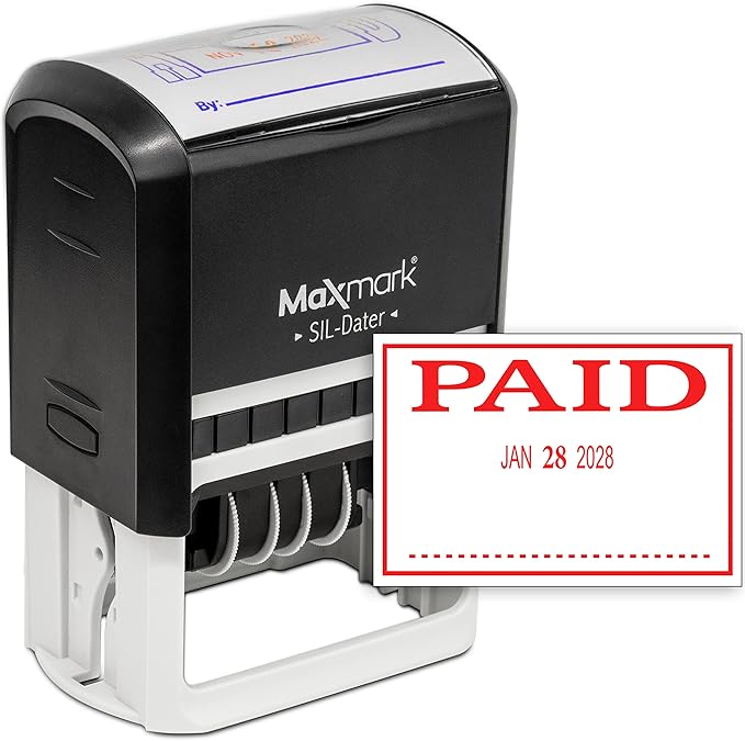 MaxMark Large Self-Inking Rubber Date Office Stamp with Paid Phrase & Date - Red Ink, 12-Year Band - Style 3