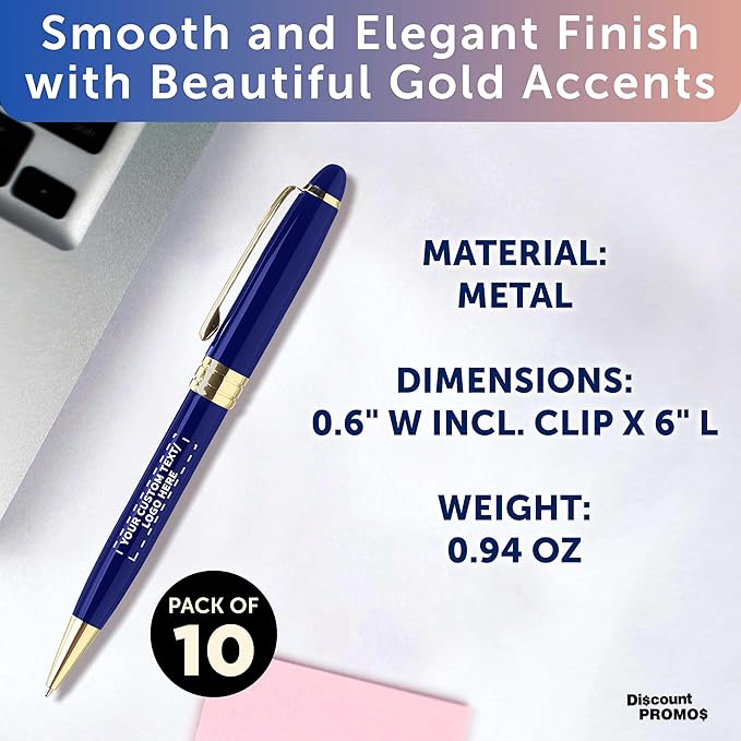 DISCOUNT PROMOS 10 Ultra Executive Pens Pack - Customizable Text, Logo - Twist To Write, Gold Accent - Blue