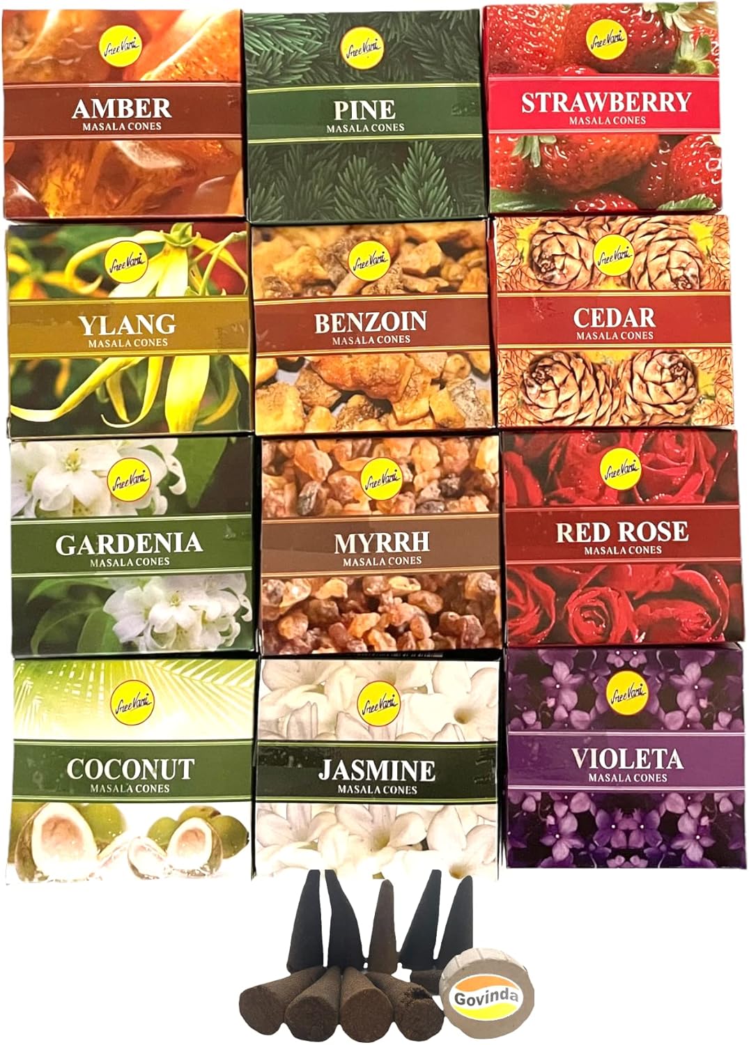 Sreevani Natural Masala Incense Cones and Holder Bundle, 120 Cones Total, Assorted #2