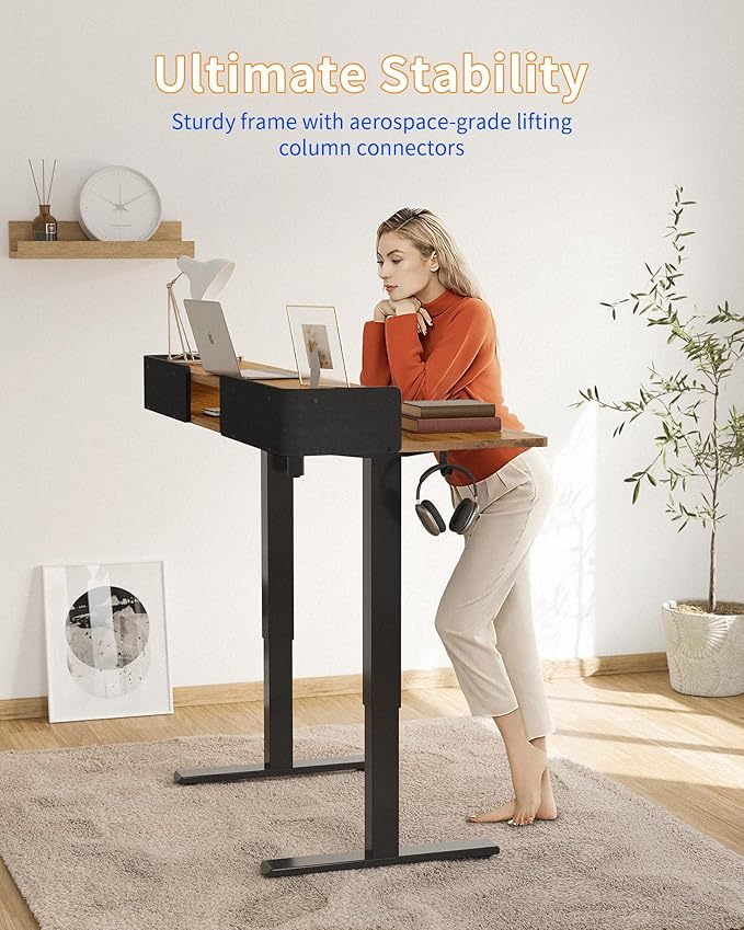YIHAYO Electric Standing Desk with Drawers, 55 x 24 Inches Adjustable Desk with Storage Shelf, Stand Up Desk with Splice Board, Computer Table for Home Office, Black Frame/Rustic Brown Top