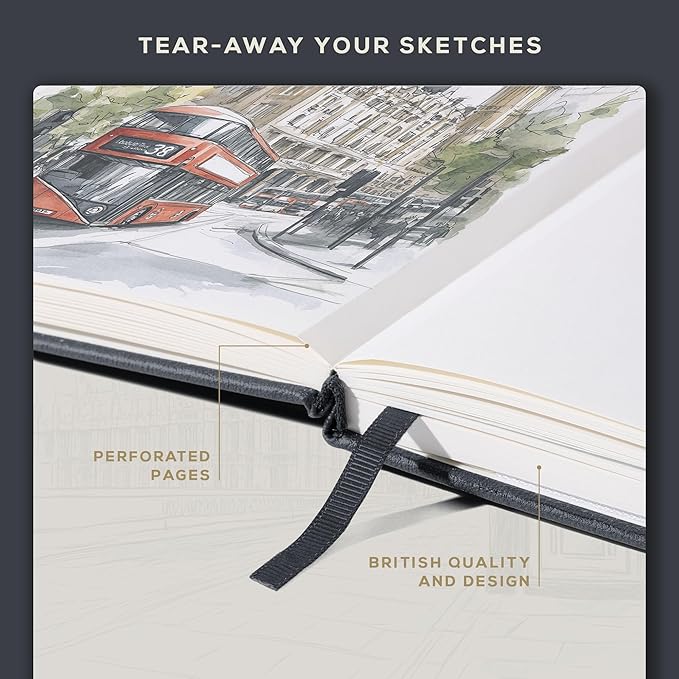 Beechmore Books Square Sketchbook – 8x8 Premium Vegan Leather Bound Large Sketch Book Hardcover with 156 Thick 160gsm Perforated Ivory Pages, Blank Sketch Pad, Gift Boxed Back Pocket, Ribbon Bookmark