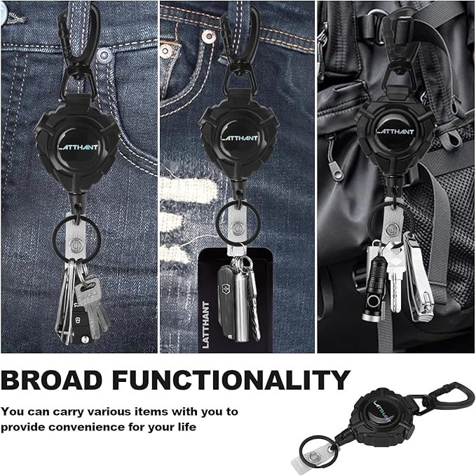 LATTHANT Badge Holder Retractable Clip, Heavy Duty Retractable Keychain with 31.5 in Smooth Steel Cord, Durable 360-degree Rotating Carabiner Badge Holder for Work, Fishing, Car Key, 9 oz