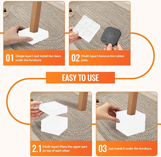 shouwuhho Furniture Risers, 12 Pack Bed Risers with Non-Slip Grip and Heavy Duty Support, 1 Inch 2 Inch 3 Inch 4 Inch Height Lift for Couch, Sofa, Table, Desk, Chair, Refrigerator - White, 1 Inch