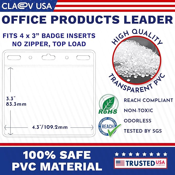 Claev - Horizontal Flexible and Tear Resistant Card Protector - Clear, 4x3 Inch, 500 Pack - Large Easy Open Plastic ID Name Badge Holders for Conferences, Conventions, Offices & Schools