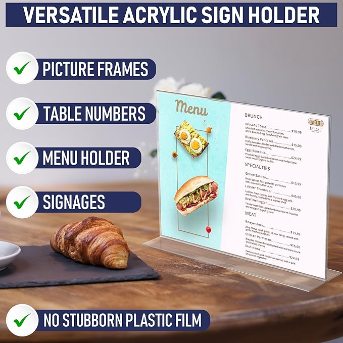 Acrylic Sign Holder 11 x 8.5 - Acrylic T Shape Table Top Display Stand, 3 Pack, Double Sided, Bottom Load, Landscape Style Menu Ad Frame. Perfect for Restaurants, Promotions, Photo Frames, Classroom
