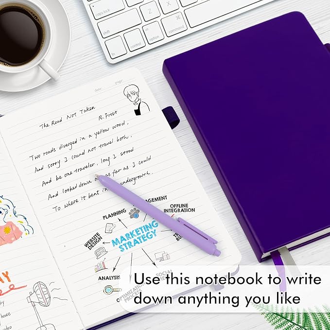 feela 24 Pack Journal Notebook Bulk for Work, Business Notebook Hardcover Lined Writing Journal with Pen Holder for Men Women Note Taking, with 24 Black Pens, 120 GSM, 5.1”x8.3”, A5, Purple