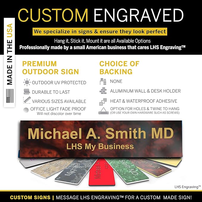 Engraved Name Plates for Door Sign Personalized Burlwood Plastic Plaque with Gold Letters - Made in USA 2x4 N2