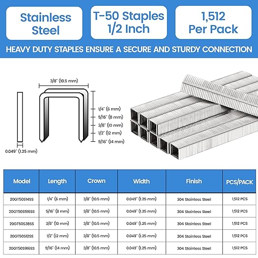 meite T-50 Staple Gun Staples Marine, 1/2 Inch 304 Stainless Steel T-50 Staples, Heavy Duty 20 Gauge 3/8 Inch Crown Upholstery Staple for Marine Applications (10 Packs)