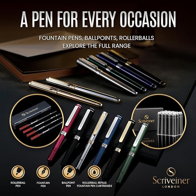 Scriveiner Stainless Steel Fountain Pen - Stunning Luxury Pen with Steel Finish, Schmidt Steel Nib (Fine), Best Pen Gift Set for Men & Women, Professional, Executive Office, Nice Designer Pens