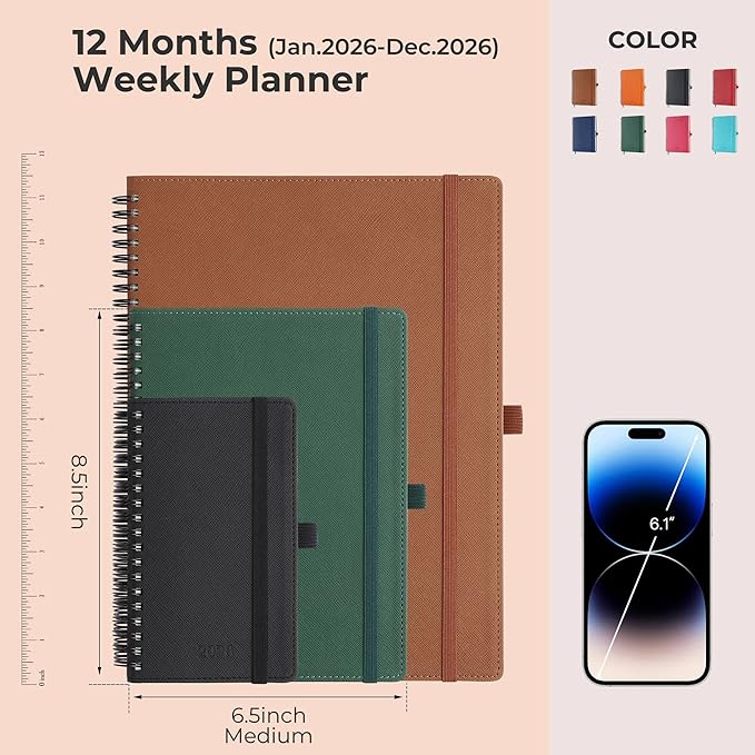 IN-LUXPRO Planner 2026 Daily Weekly and Monthly,8.5"x6.5",12 Months Spiral Bound Calendar Agenda with Self-adhesive Pen Holder,2026 Appointment Book with Vegan Leather Soft Cover,Brown