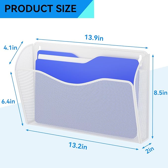 GDINDINFAN 3 Single Pocket Wall File Holder, Mesh Hanging File Folder Paper Organizer, Vertical Wall Mounted Mail Basket, Storage Organization Magazine Rack for Office, Home and School, White