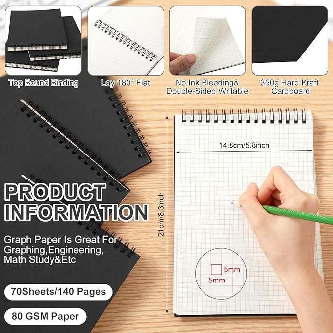 Engrowtic 2 Pack Graph Paper Spiral Notepad A5 Top Wirebound Notepad Grid Notebook Steno Pads Memo Notebook Grid Paper 140 Pages for Writing Sketching Drawing Office Supplies (Black)