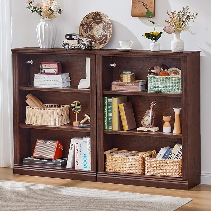RWYHG 43" Walnut Tall Bookshelf Set of 3,3-Tier Thick Wooden Book Shelf with Adjustable Shelves,Free Standing Farmhouse Bookcase with Open Display Storage,Floor Vintage Bookshelves for Living Room