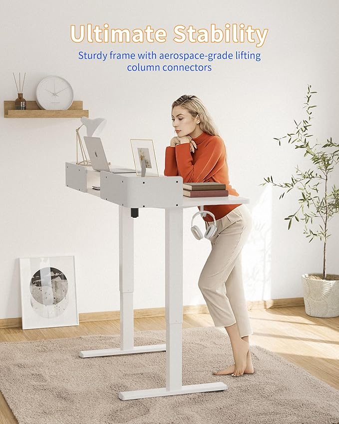 YIHAYO Electric Standing Desk with Drawers, 40 x 24 Inches Adjustable Desk with Storage Shelf, Stand Up Desk with Splice Board, Computer Table for Home Office,White Frame/White Top