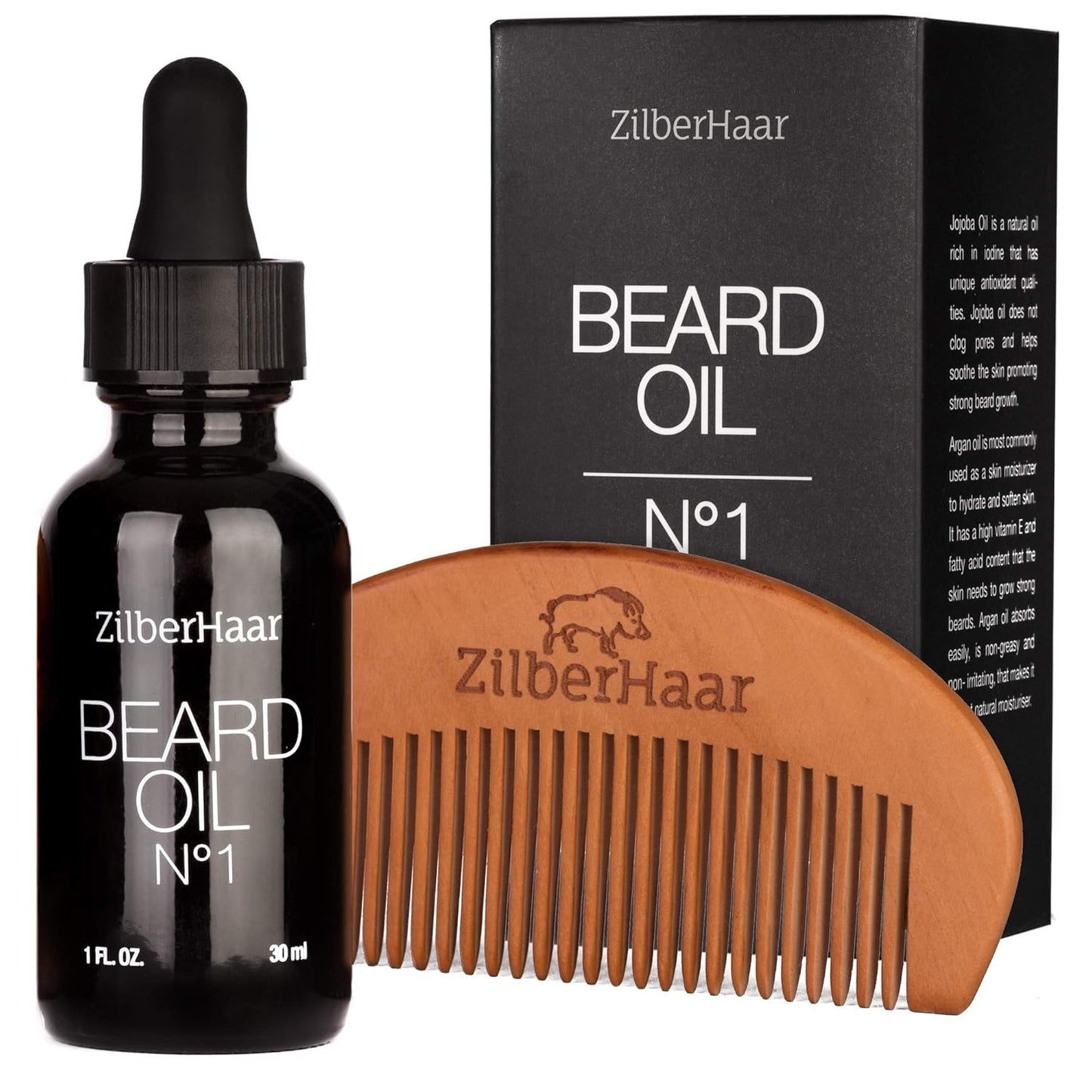 ZilberHaar Beard Grooming Basic Bundle - Soft Regular Brush + 1oz Beard Oil + Beard Comb