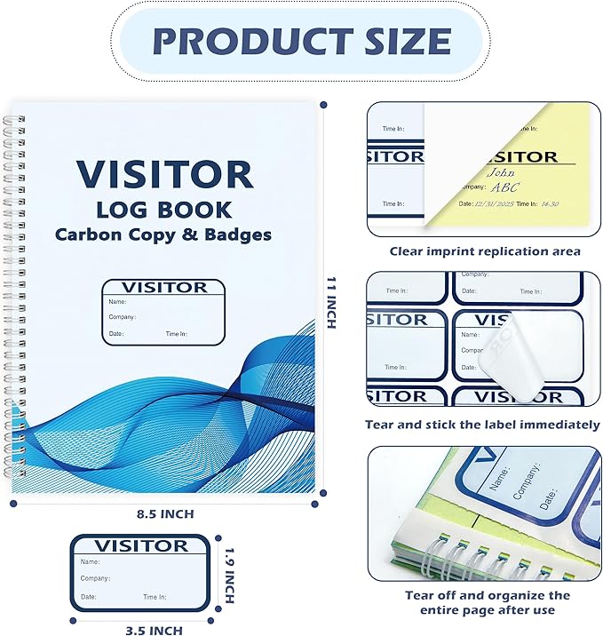 2 Pack of 300 Visitor Badges Registry Log with Carbon Copy Visitor Stickers Letter Size Visitor Log Book Extras Protecting Privacy Pages Spiral-Bound Self Visitor Badges Guest Register Book(2)