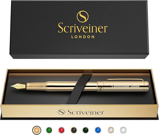 Scriveiner Personalized Gold Fountain Pen - Stunning Luxury Pen, Real Gold Plating, Schmidt Ink Refill, Best Engraved Fountain Pen Gift Set for Men & Women, Custom Name Engraving