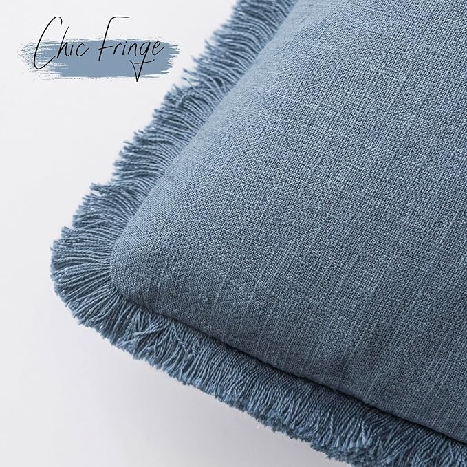 Foindtower Set of 2 Decorative Linen Fringe Throw Pillow Covers Cozy Boho Farmhouse Cushion Cover with Tassels Soft Accent Pillowcase for Couch Sofa Bed Living Room Home Decor, 18×18 Inch, Misty Blue