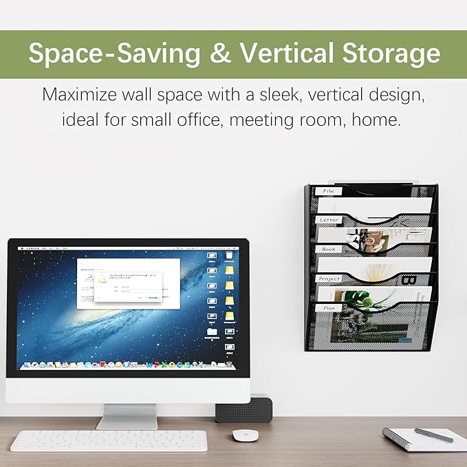 EasyPAG 5 Pocket Mesh Wall File Organizer, Hanging Paper Folder Holder with Classify Label, Vertical Wall Mount Mail Organizer for Office Home Classroom, Black