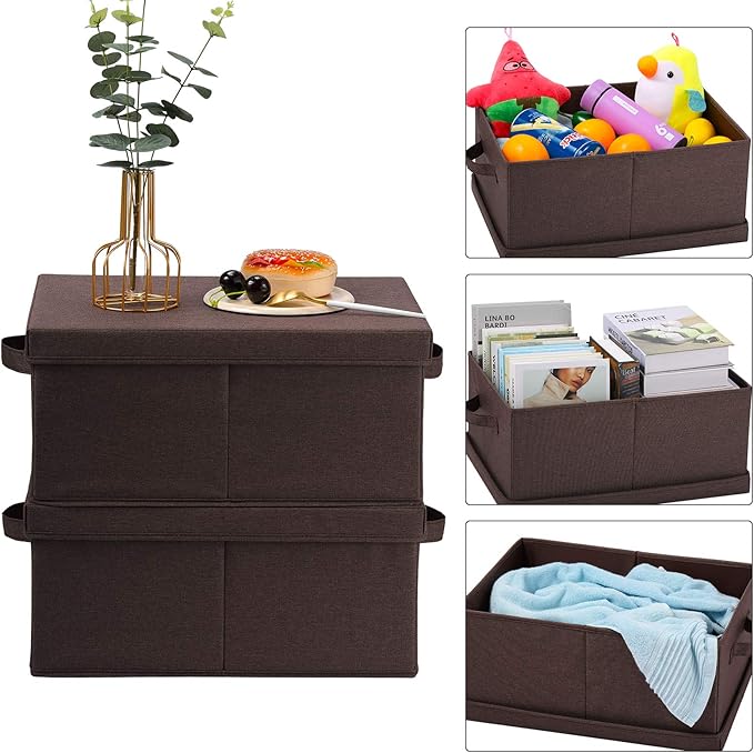 HOONEX Linen Foldable Storage Bins with Lids, 2 Pack, Storage Boxes with Carrying Handles and Sturdy Heavy Cardboard, 16.5" L x 11.8" W x 7.5" H for Shoes, Clothes, Brown