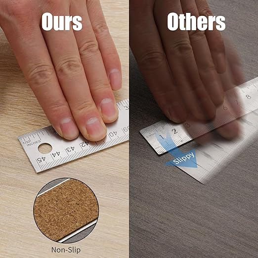Metal Ruler with Cork Backing, Stainless Steel Rulers 6 Inch 12 Inch Metal Ruler Imperial and Metric Ruler Non-Slip Prevent Ink Leakage for School Office Engineering Tools (6+12 Inch)