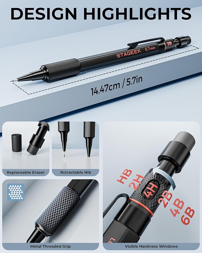 STAGEEK 0.7mm Mechanical Pencil Set, 3PCS Metal Mechanical Pencils 0.7mm with 6 Tubes HB & 2B Lead Refills,Erasers, Weatherproof Artist Pencils with Case for Outdoor Writing Drafting Drawing