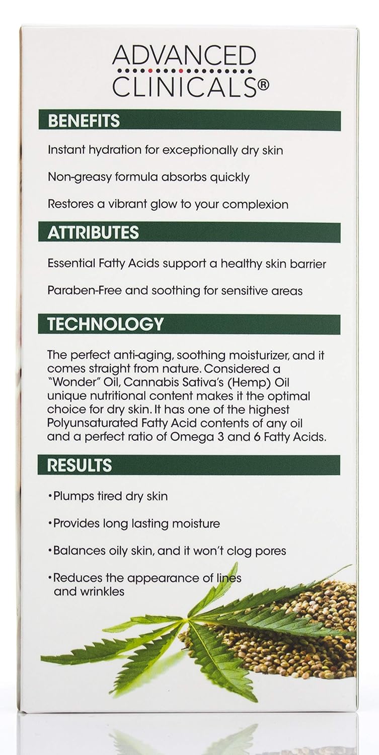 Advanced Clinicals Hemp Seed Oil for Face. Cold Pressed Hemp Seed Oill instantly hydrates skin and helps with Wrinkles, Fine Lines, and Expression Lines