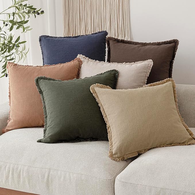 Foindtower Set of 2 Decorative Cozy Farmhouse Cushion Cover Linen Fringe Throw Pillow Covers with Tassels for Couch Sofa Bed Living Room Home Decor,26×26 Inch,Tan Beige