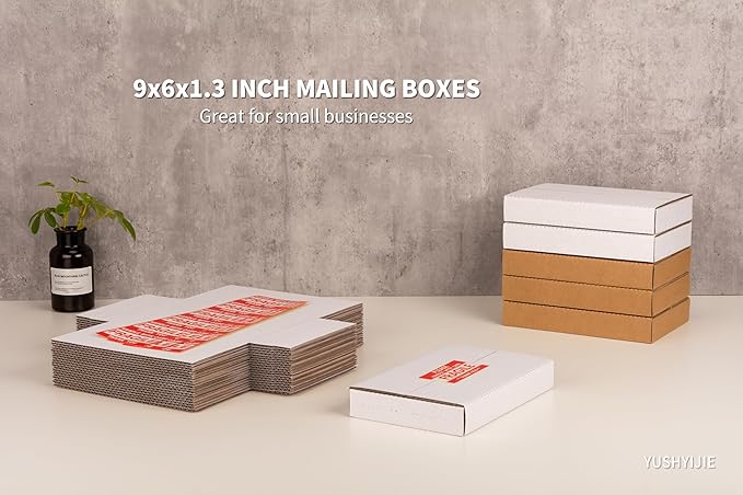 YUSHYIJIE 9x6x1.3 inch Small Shipping Boxes, Multi-Depth Flat Cardboard Boxes with Fragile Stickers for DVD Shipping, Packing, Moving, Storage, White, 25 Pack