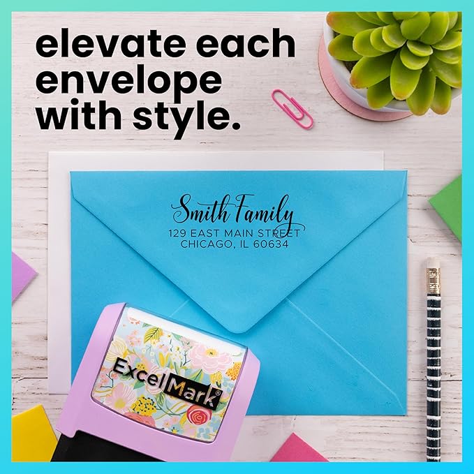 ExcelMark Address Stamp - Custom Return Address Stamp with Elegant Designs, Vibrant Colors & Patterns – Perfect for Mail, Invitations & Gifts (Black Mount, Signature Script)