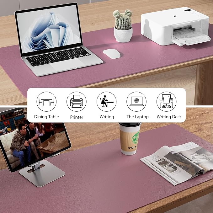 Aothia Faux Leather Desk Mat – Large Mouse Pad, Non-Slip PU Leather Blotter, Waterproof Writing Surface for Office and Home (Dark Pink, 47.2" x 23.6")